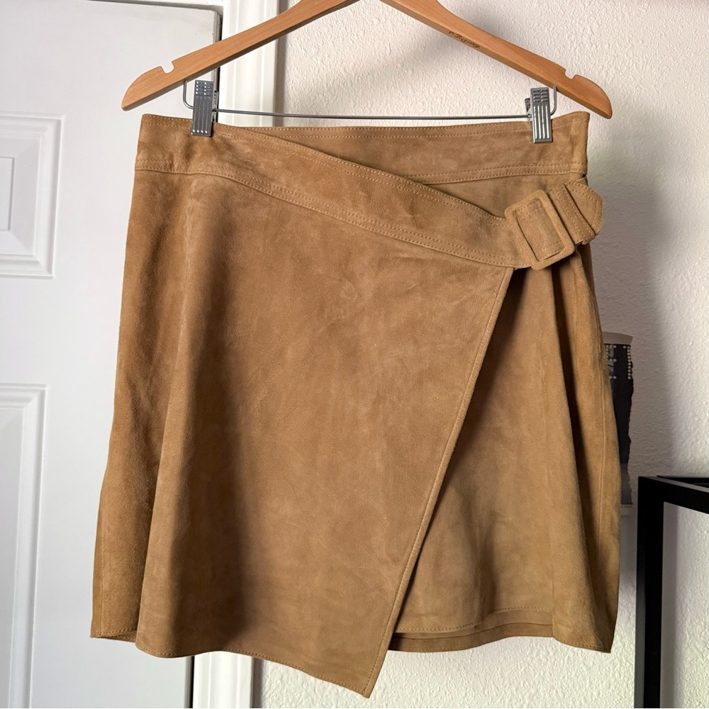 VINCE brown tan goat leather soft buckle detail mini skirt‎
